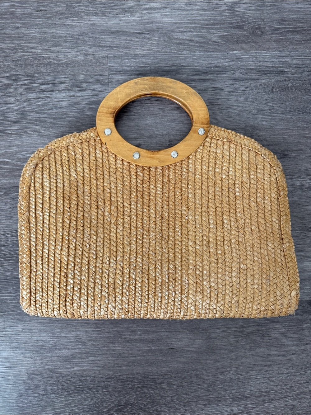 Raffia Bag with Silver Studded Wooden Handles